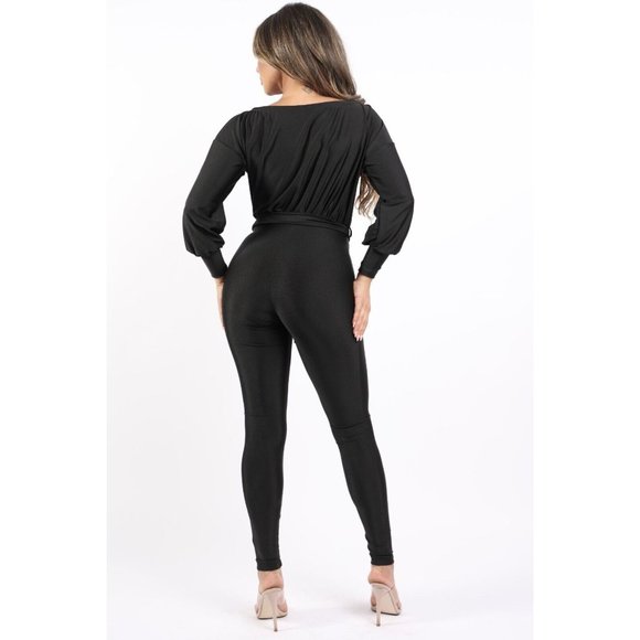 Women's Off Shoulder Shiny Yoga Jumpsuit Tie Waist Comfy Cute Black Burgundy - Picture 6 of 9